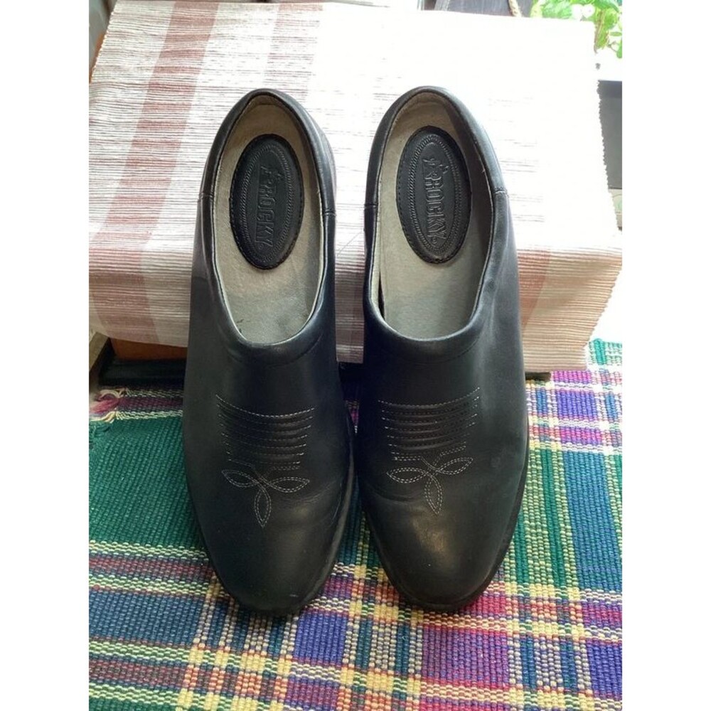 Rocky Western Leather Mules / Clogs Black Slip On Low Heels Size 9MW